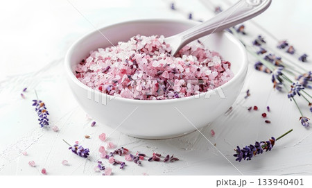 elegant white bowl is filled with pink and purple sea salt, scattered with dried lavender flowers, against an all-white background. a small spoon is placed inside the brine elegant white bowl is filled with pink and purple sea salt, scattered with dried lavender flowers, against an all-white background. a small spoon is placed inside the brine 133940401
