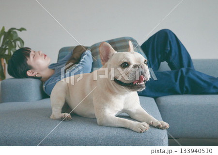ソファでくつろぐ女性と犬 ソファでくつろぐ女性と犬 133940510