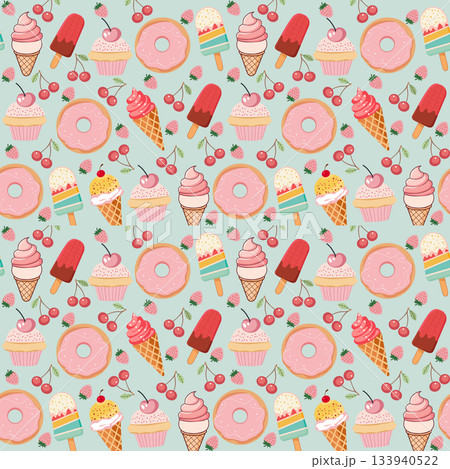Dessert food seamless pattern with cupcakes, donut, ice cream Dessert food seamless pattern with cupcakes, donut, ice cream 133940522