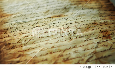 handwritten letter with an aged appearance. the document is on antique parchment paper and contains only one line in cursive writing in its background is blurred brown-inked text, giving it a historic 133940617