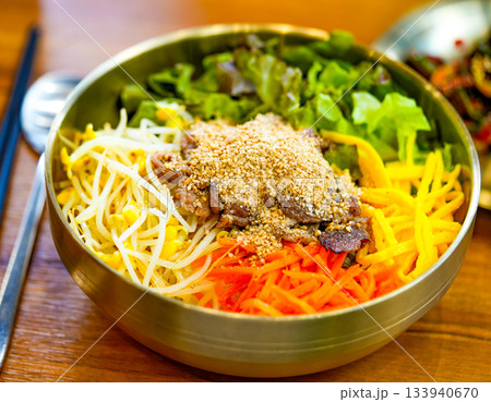 Bibimbap, Korean spicy salad with rice bowl, bulgogi. Traditionally Korean food 133940670