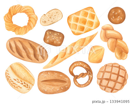 Hand-drawn bakery set with croissants, pretzels, bagels and buns. Watercolor isolated illustration. Hand-drawn bakery set with croissants, pretzels, bagels and buns. Watercolor isolated illustration. 133941095