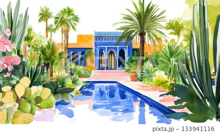 Majorelle Garden. Majorelle Garden hand drawn watercolor illustration on white background 133941116