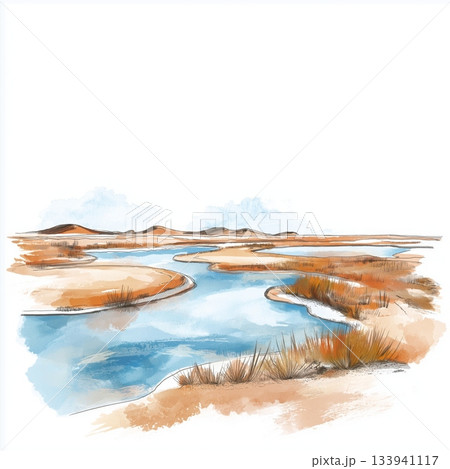 Makgadikgadi Salt Pans. Makgadikgadi Salt Pans hand drawn watercolor illustration on white background 133941117
