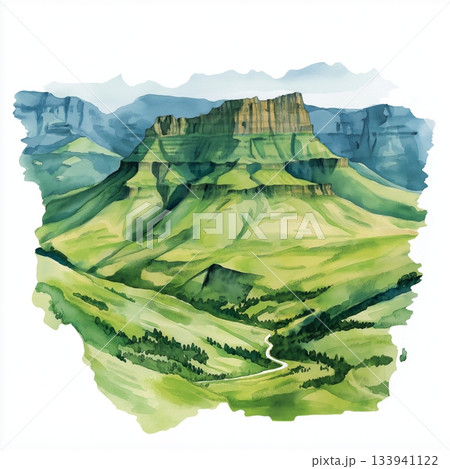 Maloti Drakensberg Route. Maloti Drakensberg Route hand drawn watercolor illustration on white background 133941122
