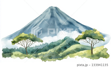 Mount Cameroon. Mount Cameroon hand drawn watercolor illustration on white background 133941135