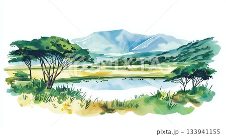 Ngorongoro Crater. Ngorongoro Crater hand drawn watercolor illustration on white background Ngorongoro Crater. Ngorongoro Crater hand drawn watercolor illustration on white background 133941155