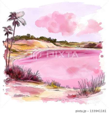 Pink Lake. Pink Lake hand drawn watercolor illustration on white background Pink Lake. Pink Lake hand drawn watercolor illustration on white background 133941181