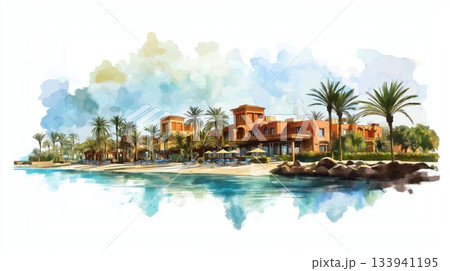 Red Sea Resorts Hurghada. Red Sea Resorts Hurghada hand drawn watercolor illustration on white background 133941195