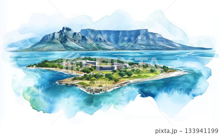 Robben Island. Robben Island hand drawn watercolor illustration on white background 133941199