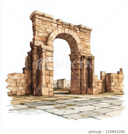 Roman ruins of Timgad. Roman ruins of Timgad hand drawn watercolor illustration on white background 133941200