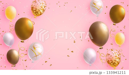 Pink birthday balloons with gold confetti Pink birthday balloons with gold confetti 133941211