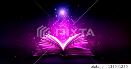 Magic book with thunder bolts and pink light Magic book with thunder bolts and pink light 133941229
