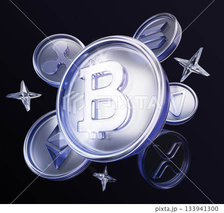 Blue neon glass cryptocurrency coins - bitcoin, ethereum, solana, toncoin and xrp ripple flying on black 3d background. Digital money mining, virtual asset, tokens for crypto exchange. 3D illustration 133941300
