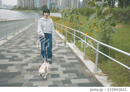 犬の散歩をする女性 133941621