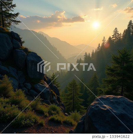 Sunset over a misty mountain valley with towering trees Generative AI Sunset over a misty mountain valley with towering trees Generative AI 133941622