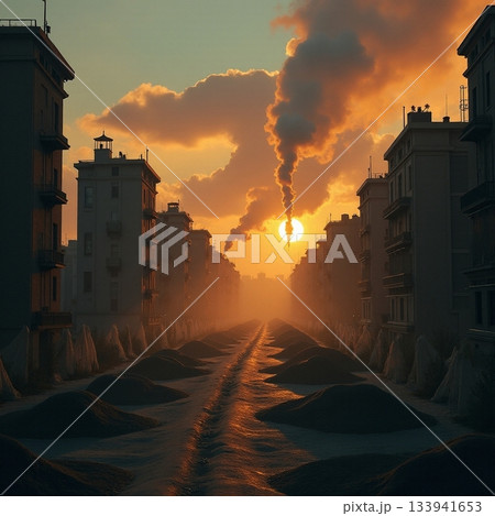 Urban wasteland bathed in golden sunset light Generative AI Urban wasteland bathed in golden sunset light Generative AI 133941653