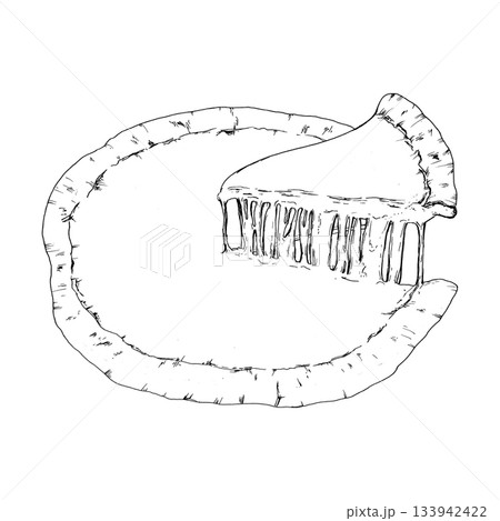 Hand-drawn vector illustration of a cheese pizza with one slice removed and melted cheese stretching from the crust. Minimalist food artwork suitable for menus, packaging and culinary projects 133942422