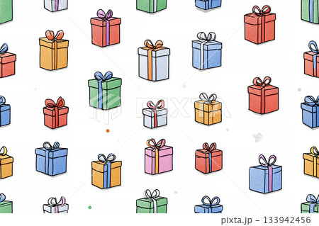 Gift reveal. Seamless pattern. Bright gift boxes. Hand drawn. Minimalist style. Gift reveal. Seamless pattern. Bright gift boxes. Hand drawn. Minimalist style. 133942456