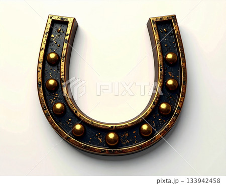 Amulet of happiness. Metal horse shoe on white background. Horse is symbol of 2026. Symbol of lucky. 133942458