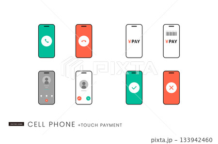 スマートフォンの決済バーコード、通話画面などシンプルなアイコンセット イメージイラスト素材 133942460