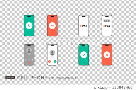 スマートフォンの決済バーコード、通話画面などシンプルなアイコンセット イメージイラスト素材 133942460