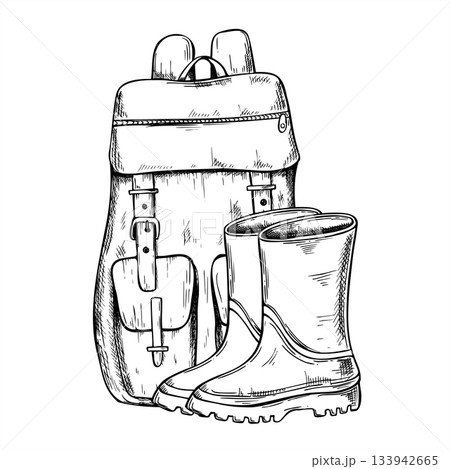 Backpack and rubber boots vector isolated line ink illustration. Bag and protective footwear for forest walk, fishing, trip. Autumn rainy weather or tourist accessories in hand drawn sketch style. Backpack and rubber boots vector isolated line ink illustration. Bag and protective footwear for forest walk, fishing, trip. Autumn rainy weather or tourist accessories in hand drawn sketch style. 133942665