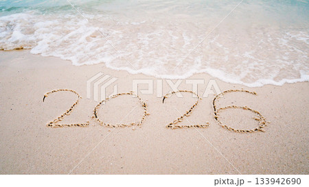 number 2026 write on sandy beach for new year, with ripple sea wave crashing with white bubble, 2026 New Year celebration concept number 2026 write on sandy beach for new year, with ripple sea wave crashing with white bubble, 2026 New Year celebration concept 133942690