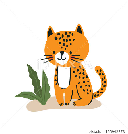 Cute cartoon leopard sitting in the bushes on a white background, flat vector illustration Cute cartoon leopard sitting in the bushes on a white background, flat vector illustration 133942878