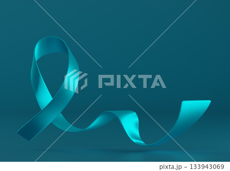 3d Teal Ribbon. Ovarian and Cervical Cancer Awareness Month Campaign. Uterus, Female Reproductive System, Women's Health, PCOS and Gynecology. Horizontal Web Banner. 3d rendering 133943069