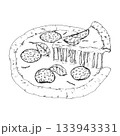 Vector illustration of a pizza topped with salami slices and fresh basil leaves, with a lifted piece showing melted cheese. Suitable for menus, recipe cards, food packaging and italian-themed graphics 133943331