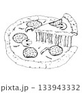 Vector illustration of a pizza topped with salami slices, mushrooms, with one piece lifted to show melted cheese stretching. Suitable for menu graphics, recipe ideas, food packaging, pizzeria branding 133943332