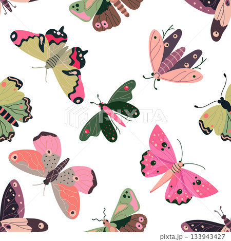 Seamless pattern with pink butterflies on a white background, vector illustration in a flat style. Seamless pattern with pink butterflies on a white background, vector illustration in a flat style. 133943427