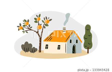 rural scene of house with tree, illustration in flat style	 133943428
