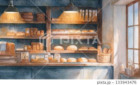 自然光差し込むパン屋店内の水彩イラスト 背景素材 133943476