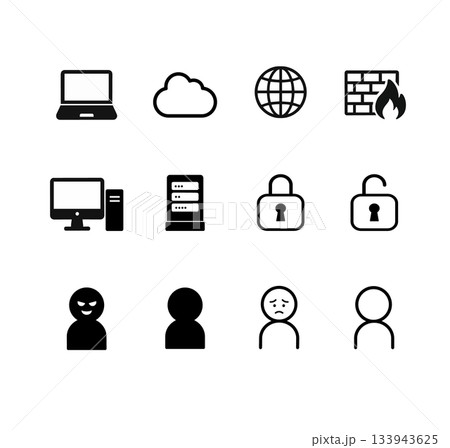 ネットワーク関係のアイコン　PC,クラウド,インターネット,サーバー,ファイヤーウォール,キー,鍵, 133943625