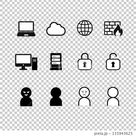 ネットワーク関係のアイコン　PC,クラウド,インターネット,サーバー,ファイヤーウォール,キー,鍵, 133943625