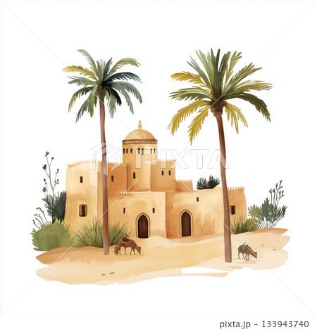 Sahara at Douz. Sahara at Douz hand drawn watercolor illustration on white background 133943740