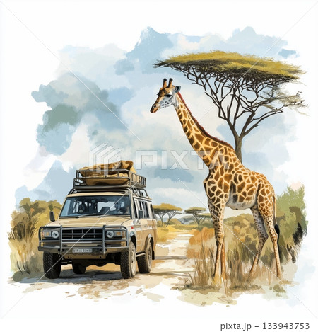 Selous Game Reserve. Selous Game Reserve hand drawn watercolor illustration on white background 133943753