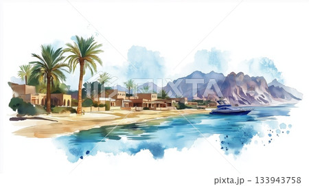 Sharm El Sheikh and Ras Mohammed National Park. Sharm El Sheikh and Ras Mohammed National Park hand drawn watercolor illustration on white background Sharm El Sheikh and Ras Mohammed National Park. Sharm El Sheikh and Ras Mohammed National Park hand drawn watercolor illustration on white background 133943758