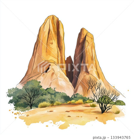Sindou Peaks. Sindou Peaks hand drawn watercolor illustration on white background Sindou Peaks. Sindou Peaks hand drawn watercolor illustration on white background 133943765