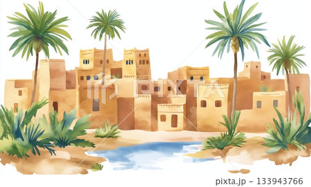 Siwa Oasis. Siwa Oasis hand drawn watercolor illustration on white background 133943766