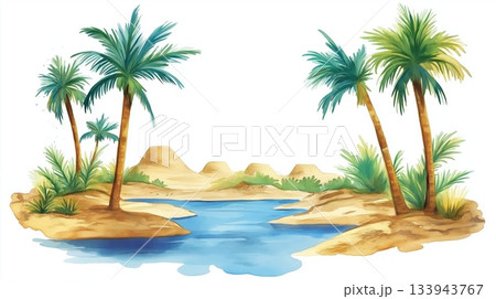 Siwa Oasis. Siwa Oasis hand drawn watercolor illustration on white background 133943767