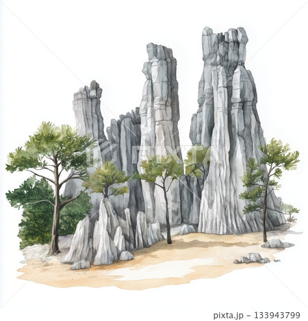 Tsingy de Bemaraha. Tsingy de Bemaraha hand drawn watercolor illustration on white background 133943799