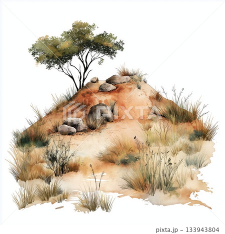 Tsodilo Hills. Tsodilo Hills hand drawn watercolor illustration on white background Tsodilo Hills. Tsodilo Hills hand drawn watercolor illustration on white background 133943804