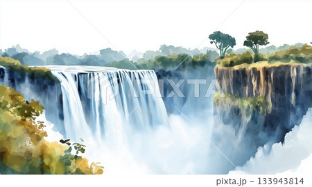 Victoria Falls. Victoria Falls hand drawn watercolor illustration on white background Victoria Falls. Victoria Falls hand drawn watercolor illustration on white background 133943814