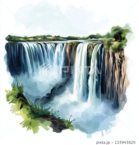 Victoria Falls Zambian side. Victoria Falls Zambian side hand drawn watercolor illustration on white background 133943820