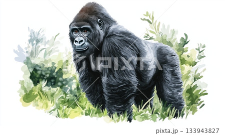 Volcanoes National Park Gorillas. Volcanoes National Park Gorillas hand drawn watercolor illustration on white background Volcanoes National Park Gorillas. Volcanoes National Park Gorillas hand drawn watercolor illustration on white background 133943827
