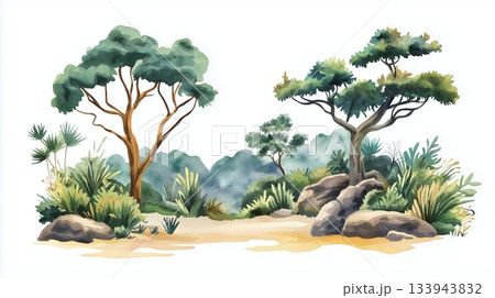 Waza National Park. Waza National Park hand drawn watercolor illustration on white background 133943832