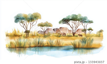 Zakouma National Park. Zakouma National Park hand drawn watercolor illustration on white background Zakouma National Park. Zakouma National Park hand drawn watercolor illustration on white background 133943837